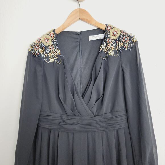 NEW Ieena For Mac Duggal Black Embellished Bead Shoulder Blouson Sleeve Gown - Picture 5 of 14